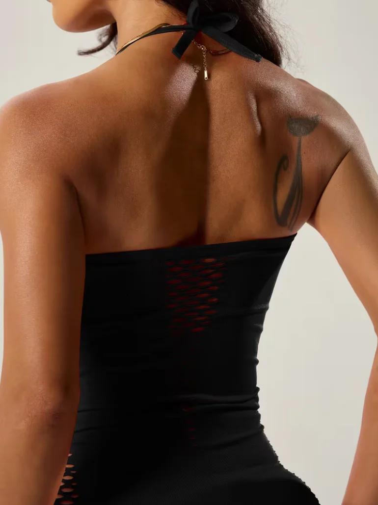 Robe moulante Sexy à col licou pour femmes, avec découpe et résille, Lingerie extensible, vêtements