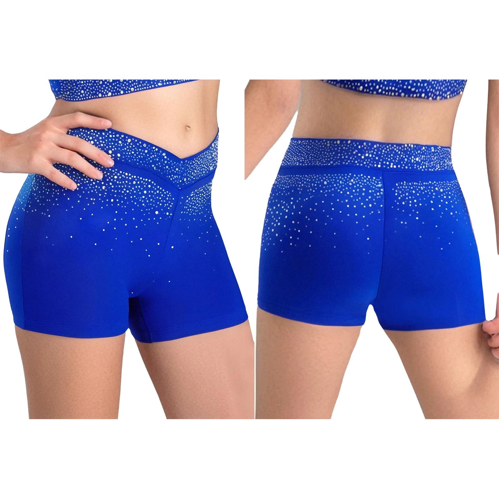 Short à ceinture élastique pour filles, strass scintillants, devant en V, pour patinage artistique,