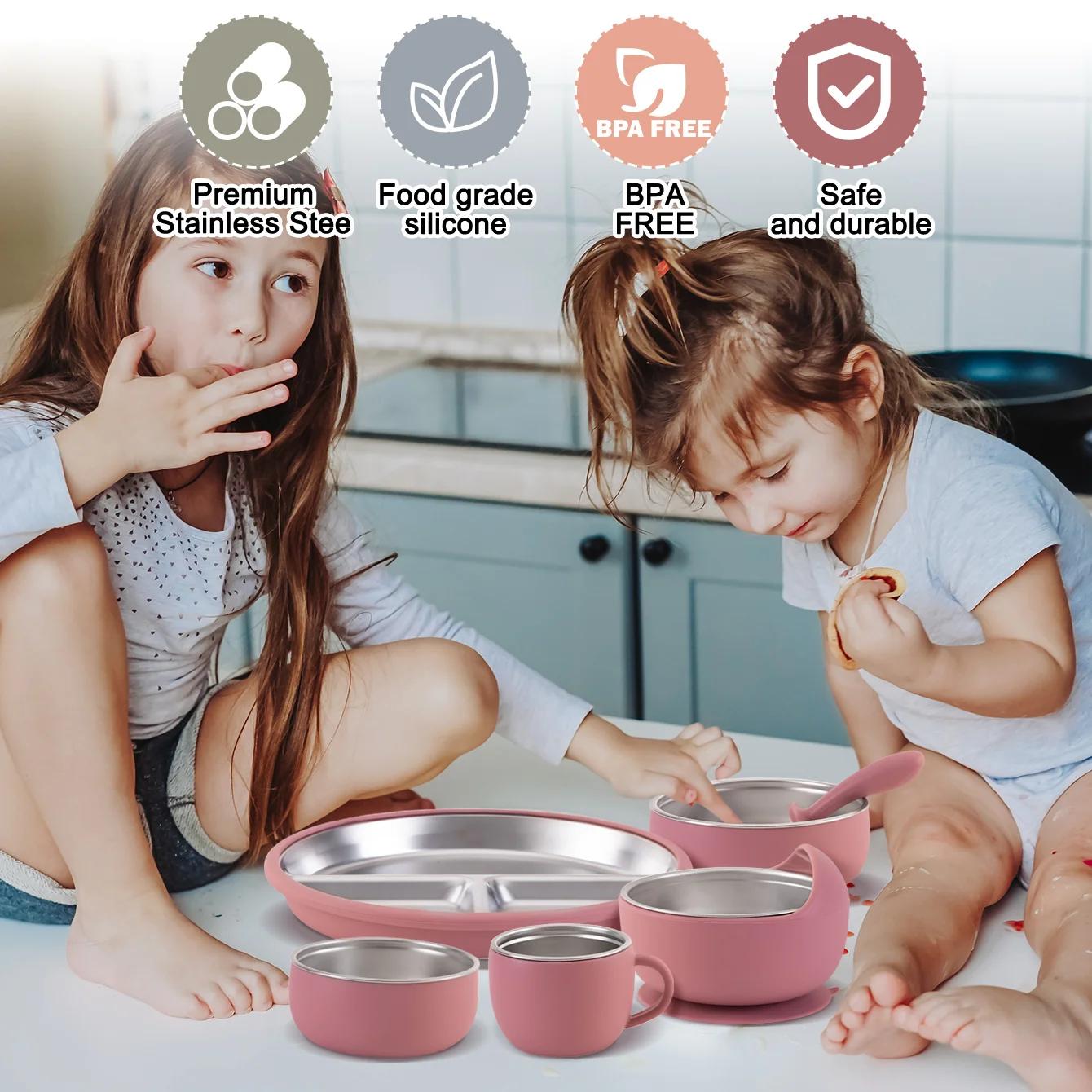 Ensemble d'alimentation pour enfants, 10 pièces, vaisselle en acier inoxydable et Silicone avec bol