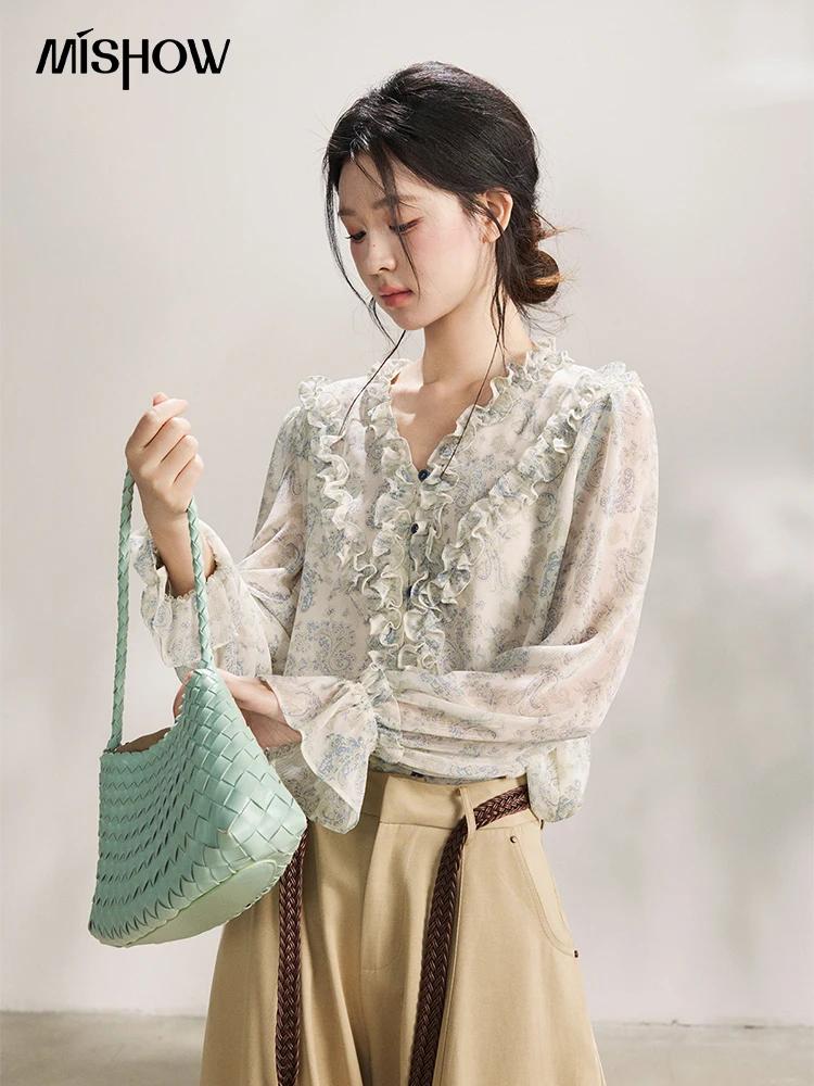 MISHOW – chemisier à volants pour femmes, bleu clair, imprimé Paisley, col en v, manches longues, en