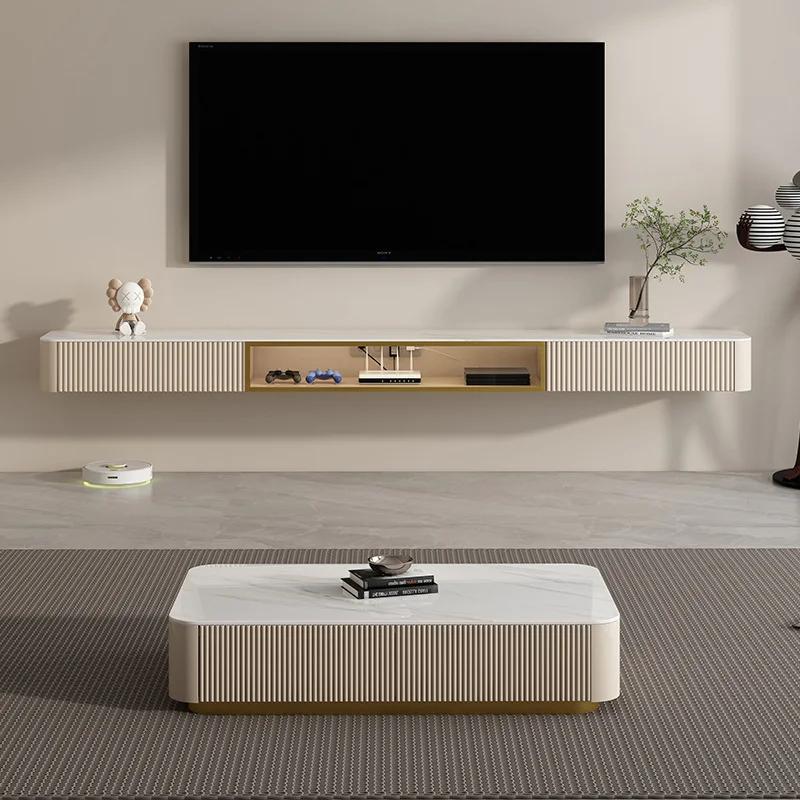 Ensemble de meuble TV flottant de luxe en ardoise, meuble TV minimaliste mural et Table basse, Solut