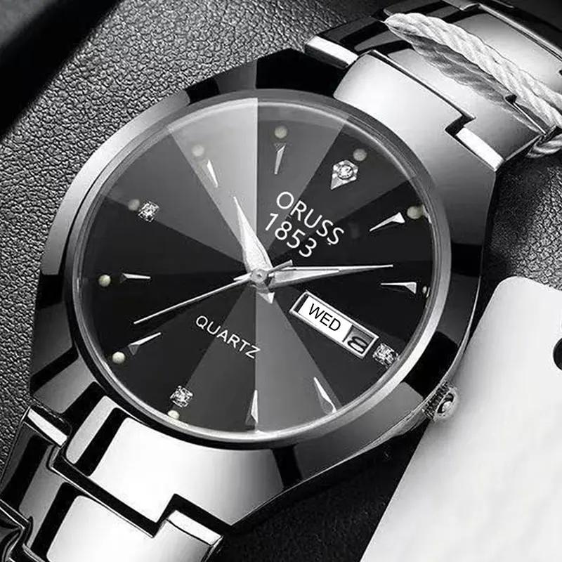 ORUSS-Montre de couple étanche pour hommes et femmes, quartz, acier inoxydable, date, semaine, horlo