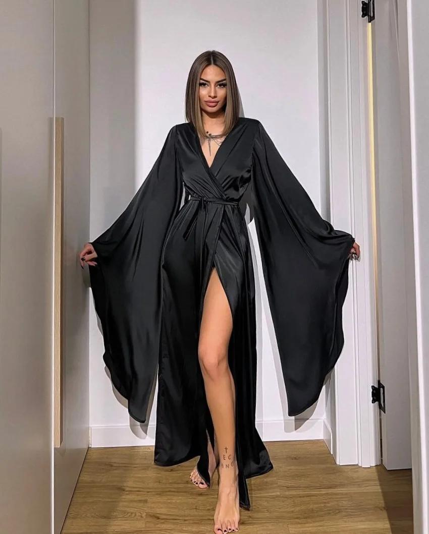 Robe de soirée en satin noir, sexy, col en V, manches évasées, en taffetas, pour bal de promo, robes