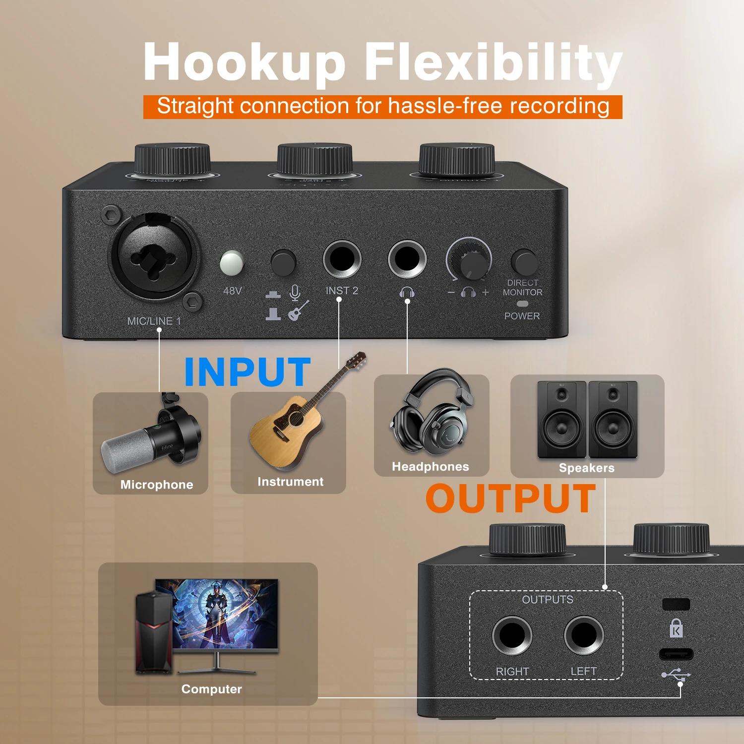 FIFINE Mélangeur de son pour microphone à condensateur avec bouton de gain, interface audio avec ali