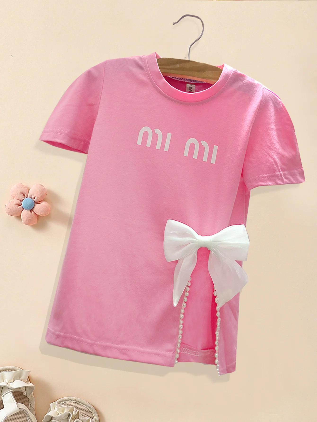 T-shirt d'été pour filles, imprimé lettres, avec nœud, coupe ample, long, pour enfants de 3 à 12 ans