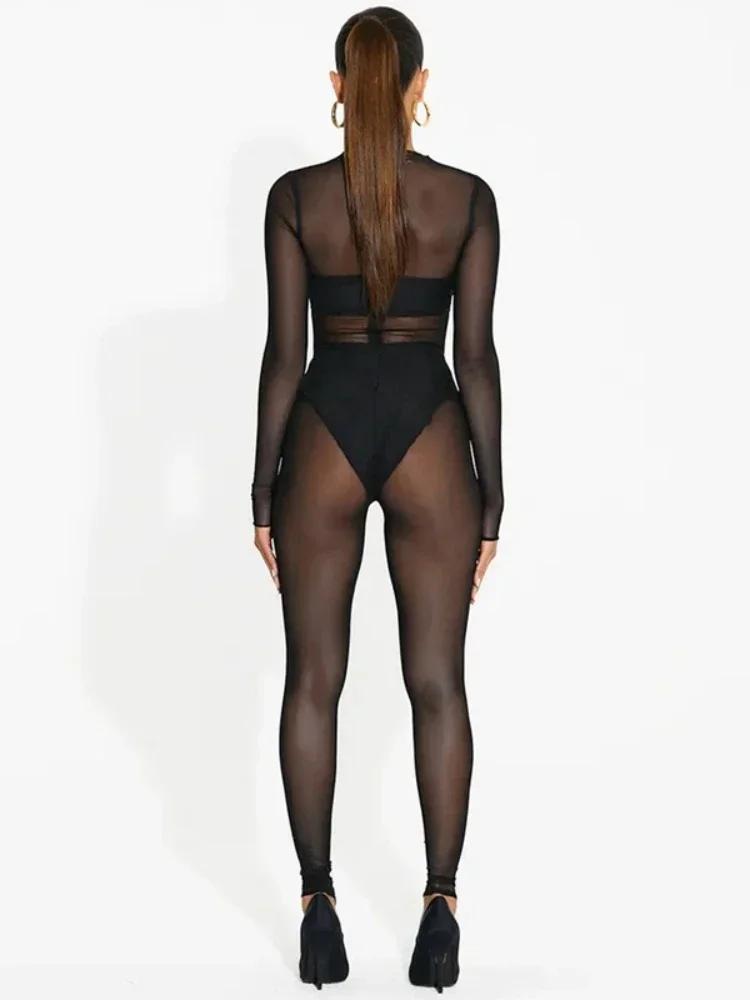 Combinaisons noires pour femmes maille voir à travers les salopette moulante barboteuse une pièce te