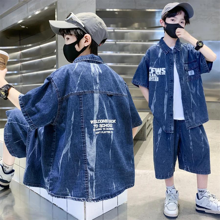 Ensemble d'été cool pour garçons, haut et bas en denim, chemise à manches courtes et short, 2 pièces