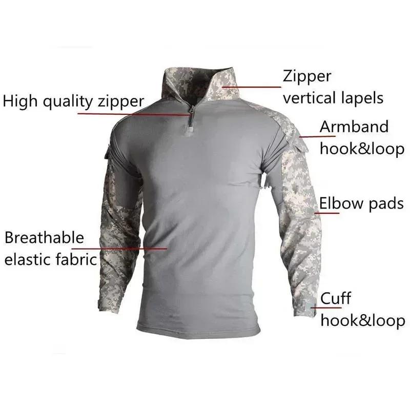 Chemises tactiques d'extérieur à manches longues, chemise de Combat, fermeture éclair 1/4, en coton
