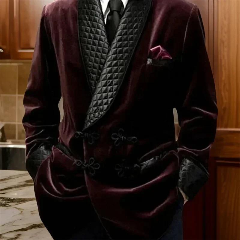 Veste longue imbibée pour homme, blazer imbibé de velours, manteau QueParty, revers châle, mariage,