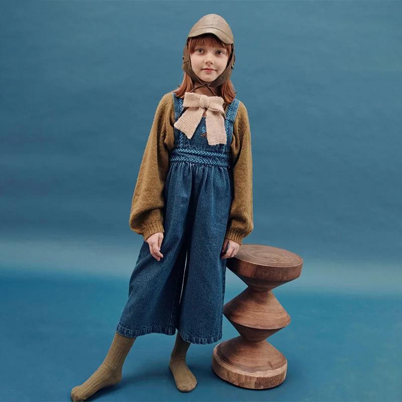 Pull pour enfants, série EM, Style campagnard, chemise à fleurs brodée, pantalon long, salopette, en