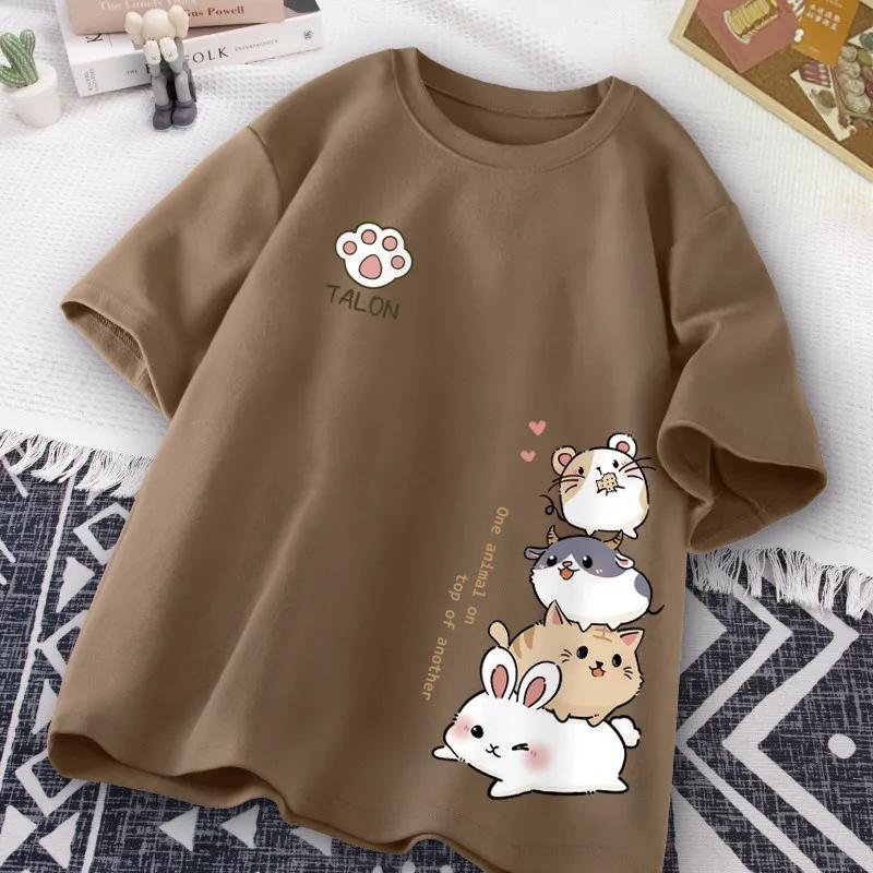 Japonais mignon Hamster Style doux imprimé usage quotidien à manches courtes T-shirt femmes ample dé