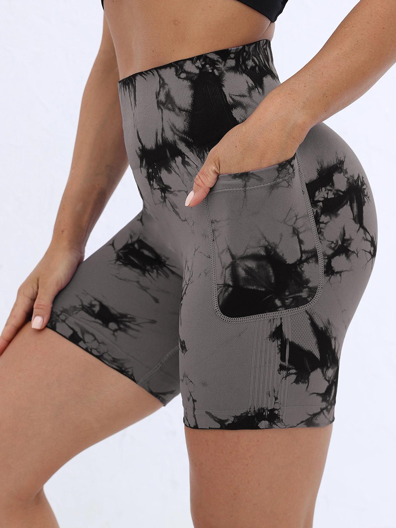 Short d'entraînement Tie Dye pour femmes avec poches, froissé, levage des fesses, taille haute, Yoga