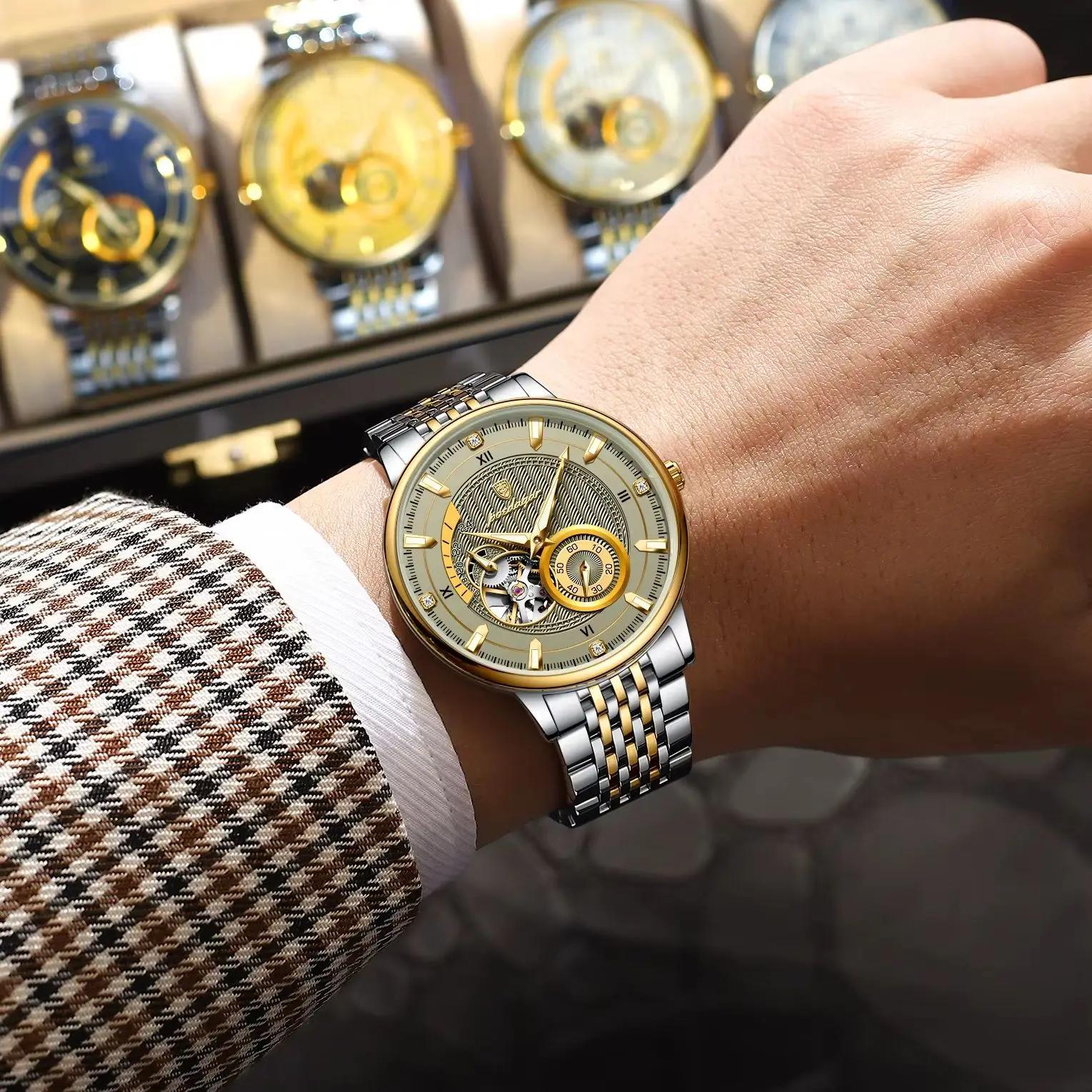 POEDAGAR haut de gamme homme montre-bracelet lumineux creux Tourbillon en acier inoxydable hommes ho