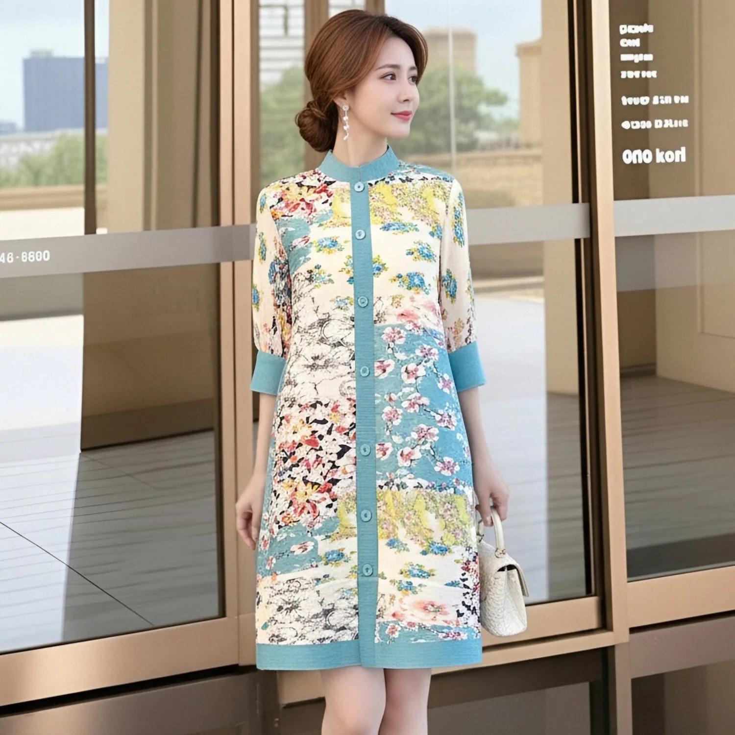 Robe Cardigan Plissée Miyake Femme Tendance Imprimée Col Montant Manches 3/4 Boutonnage Simple Éléga