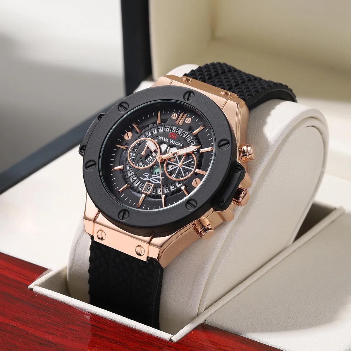 Montre de sport en Silicone noir pour hommes, main ajourée de 46mm, grand cadran, or Rose, Style mil