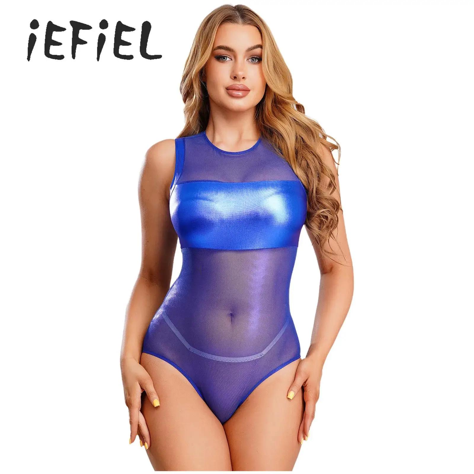 Maillots de bain brillants pour femmes, maille transparente, Patchwork métallique brillant, body san