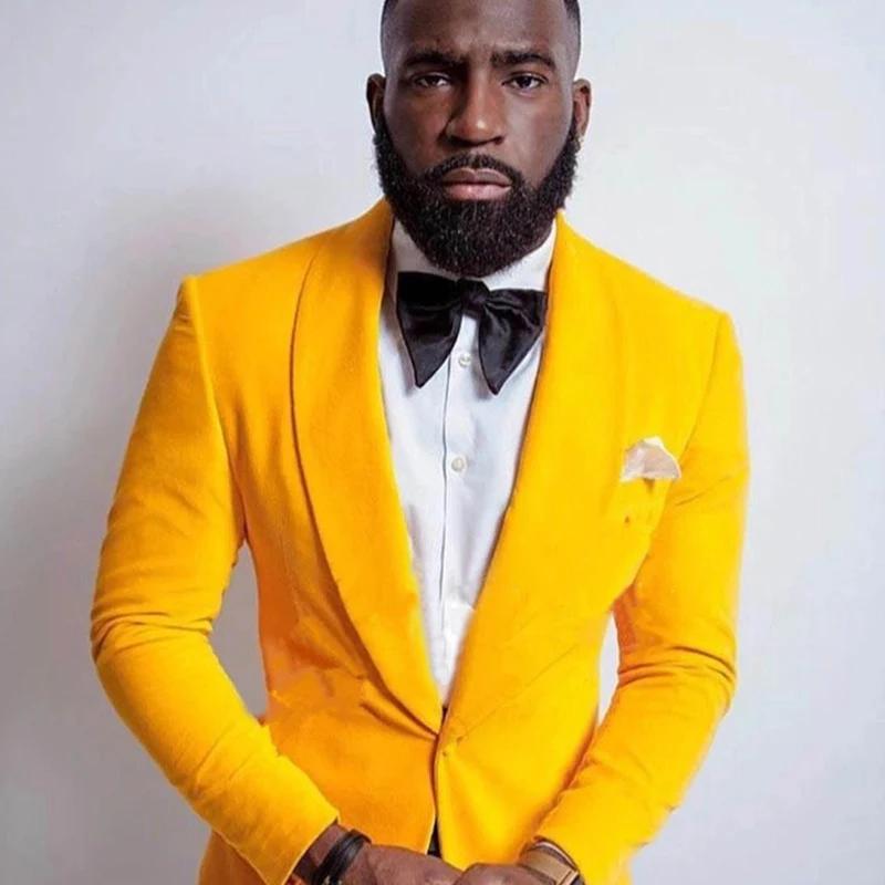 Velours jaune hommes costume veste une pièce bal Blazer pour mariage garçons d'honneur châle revers