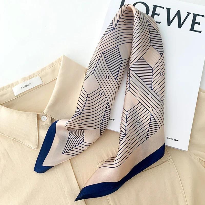 Écharpe en soie à motif géométrique rayé de 68cm pour femmes, Imitation soie, couvre-chef frais et p