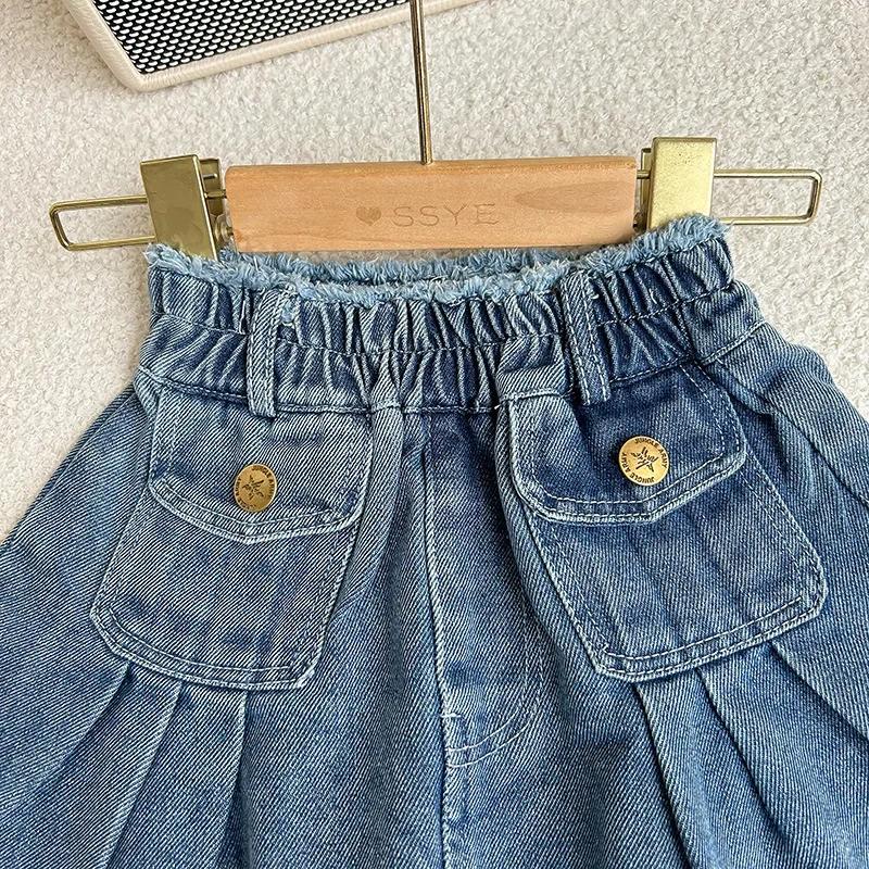 Ensemble en jean pour fille de 2 à 8 ans, avec revers rétro, veste en jean à manches longues + jupe