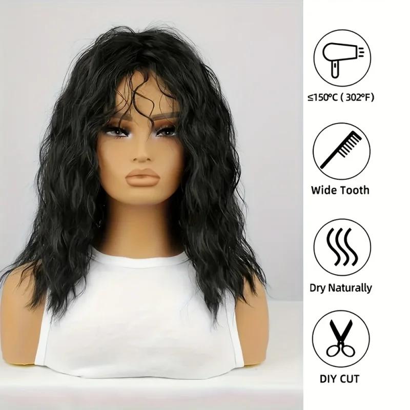 Perruques bouclées noires avec frange pour femmes, perruque synthétique longue bouclée et ondulée de