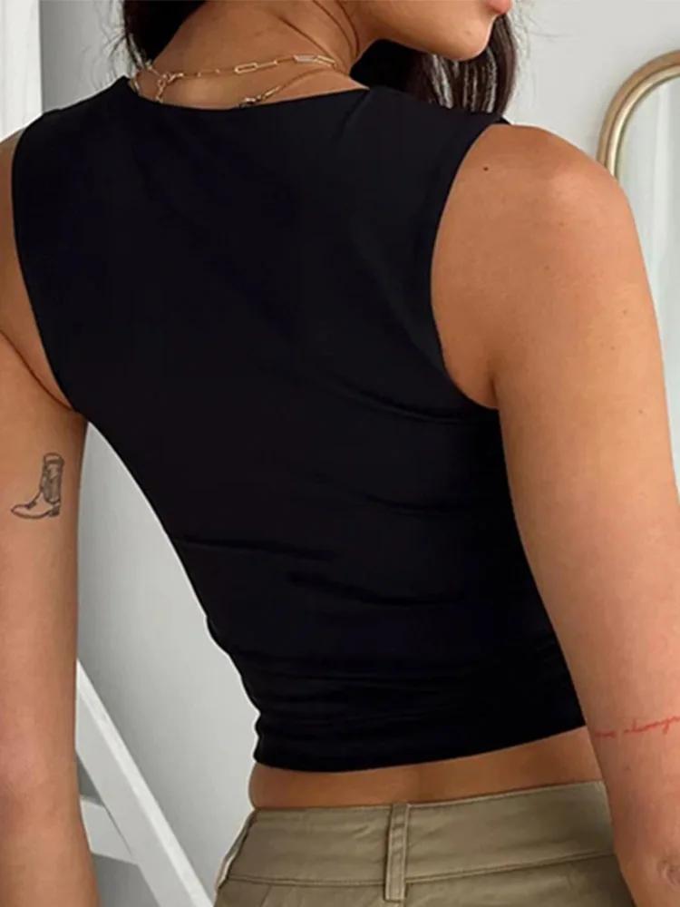 Haut court à col sans manches pour femmes, débardeur décontracté Y2K, t-shirt noir Sexy, été 2024