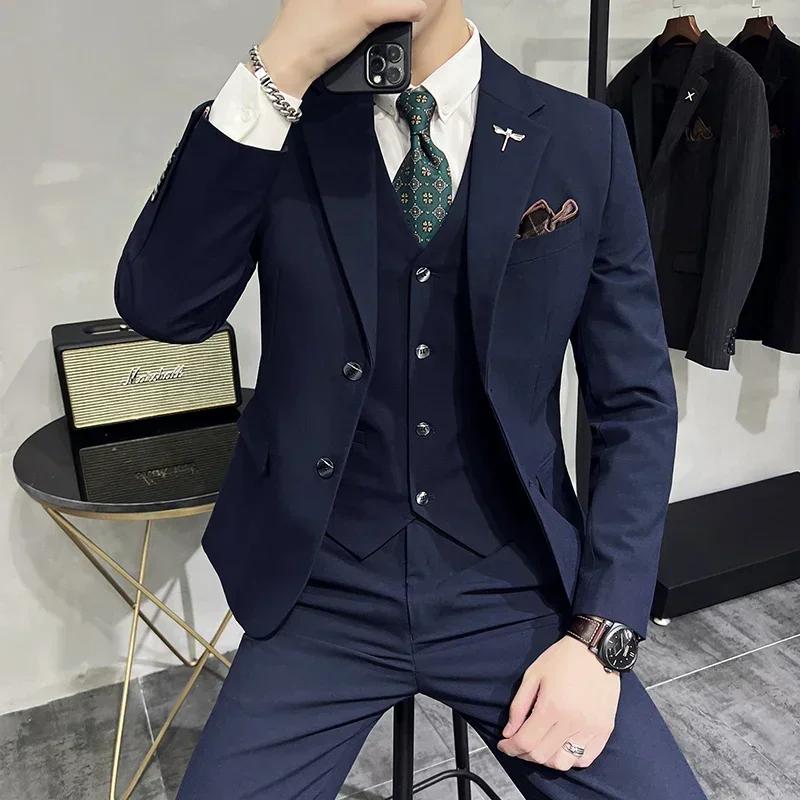 (Veste + gilet + pantalon) haut de gamme marque Boutique mode couleur unie hommes décontracté costum