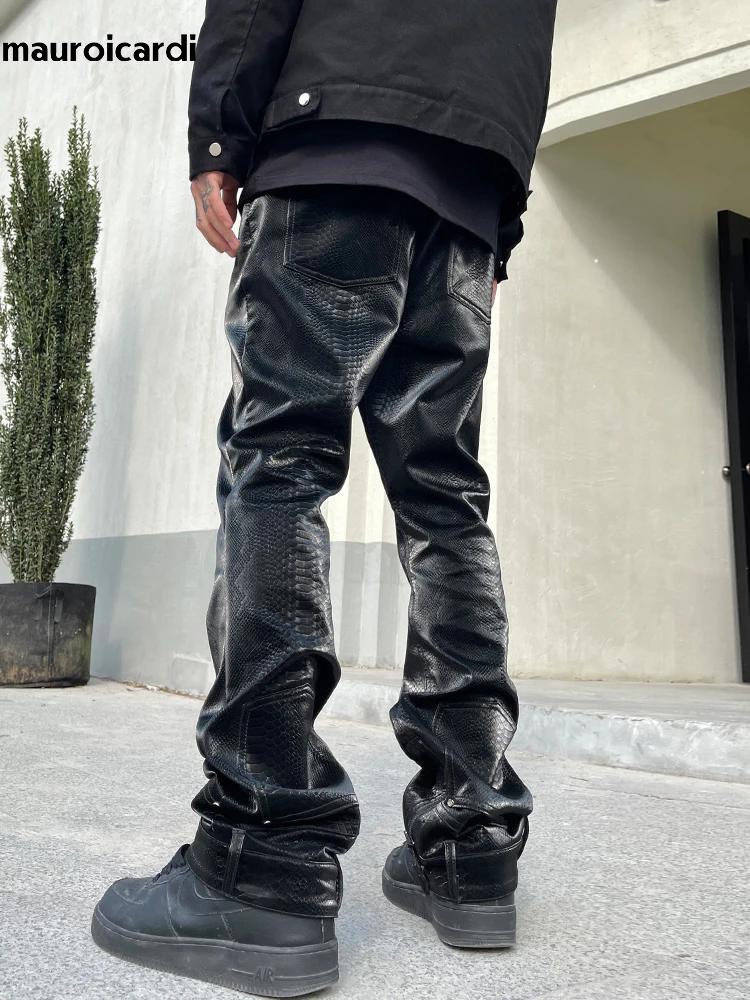 Mauroicardi printemps automne Long ample décontracté brillant peau de serpent brevet Pu cuir pantalo