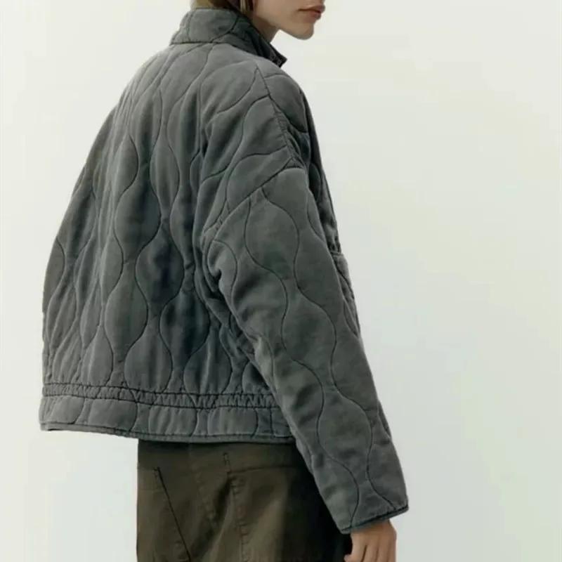 Nouvelle veste en coton pour femme 2025, style ample vintage, col montant, fermeture éclair, grandes