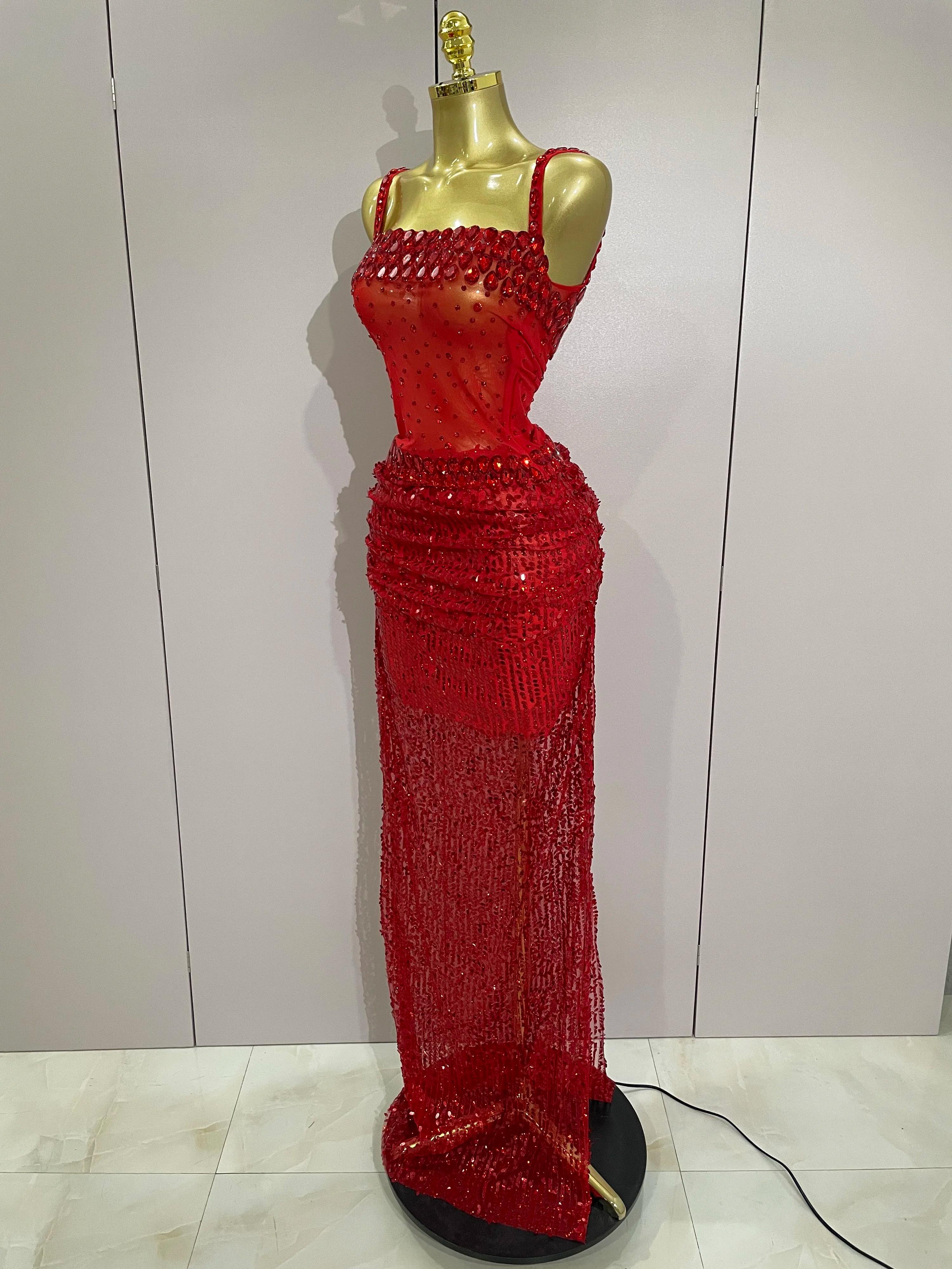 Robe longue 2 pièces transparente et sexy avec strass rouges scintillants et paillettes, pour femmes