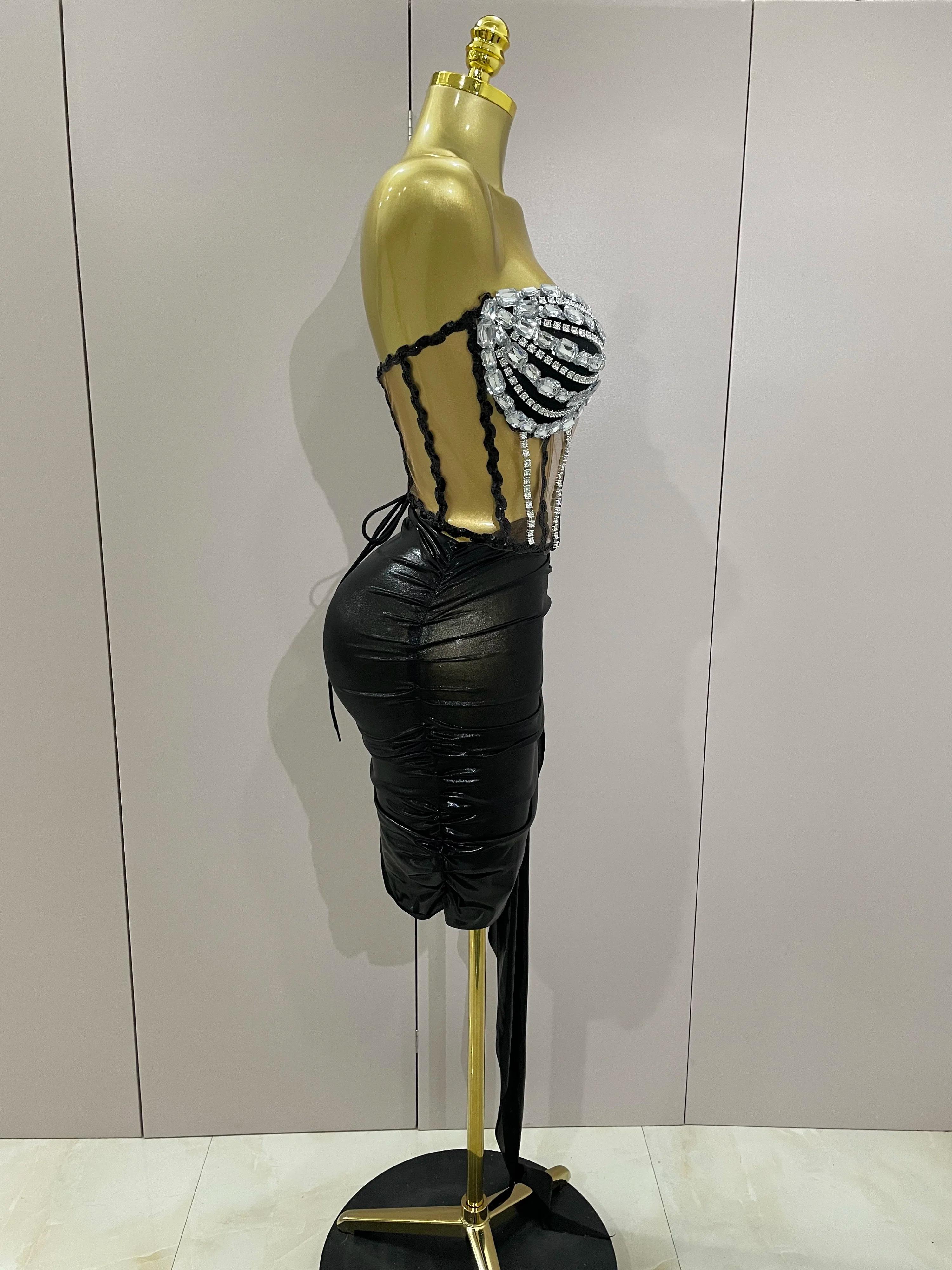 Sexy brillant strass paillettes 2 pièces haut jupe ensemble 2025 femmes célébrité soirée scène disco