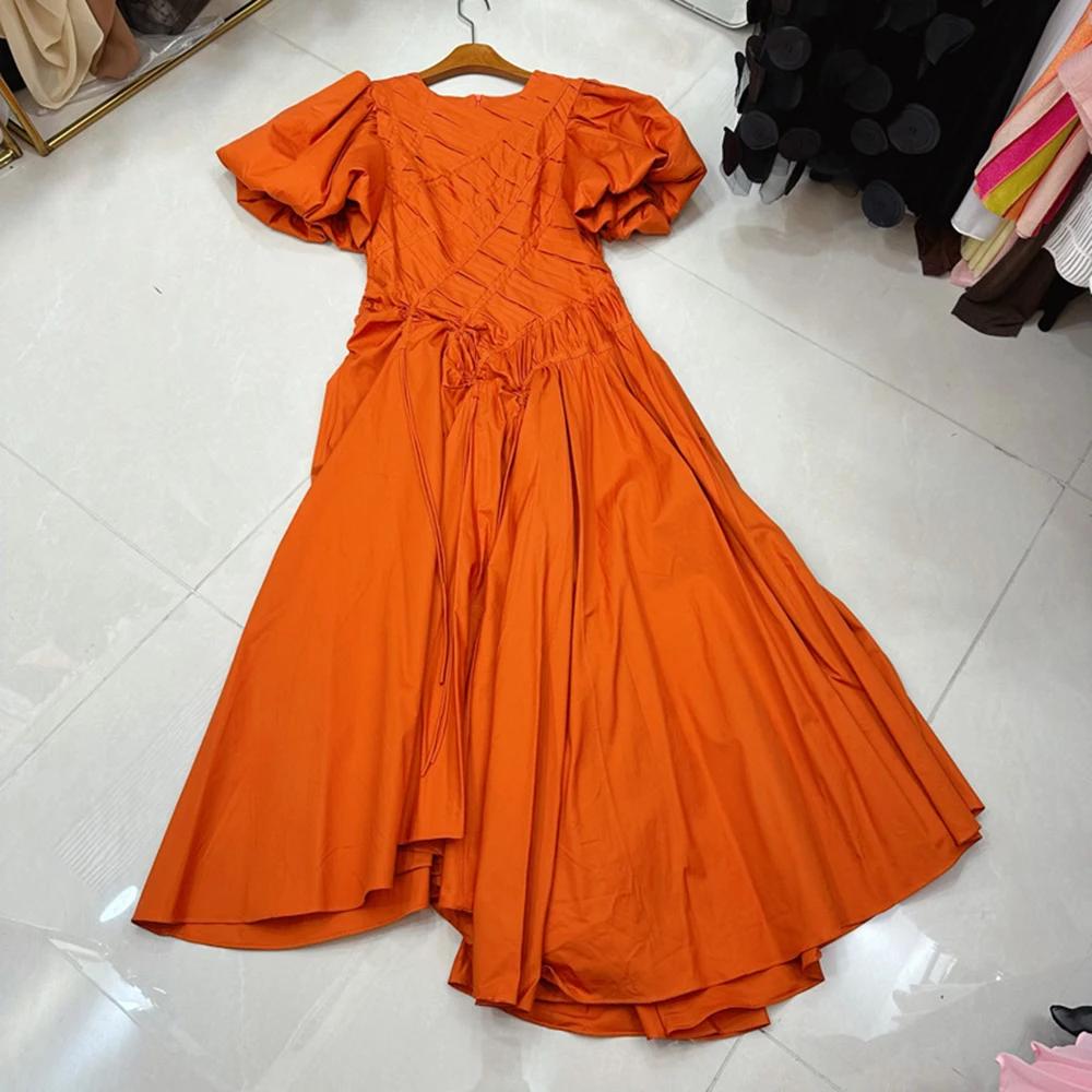 TWOTWINSTYLE tempérament robes solides pour les femmes col rond manches à bulles taille haute décont