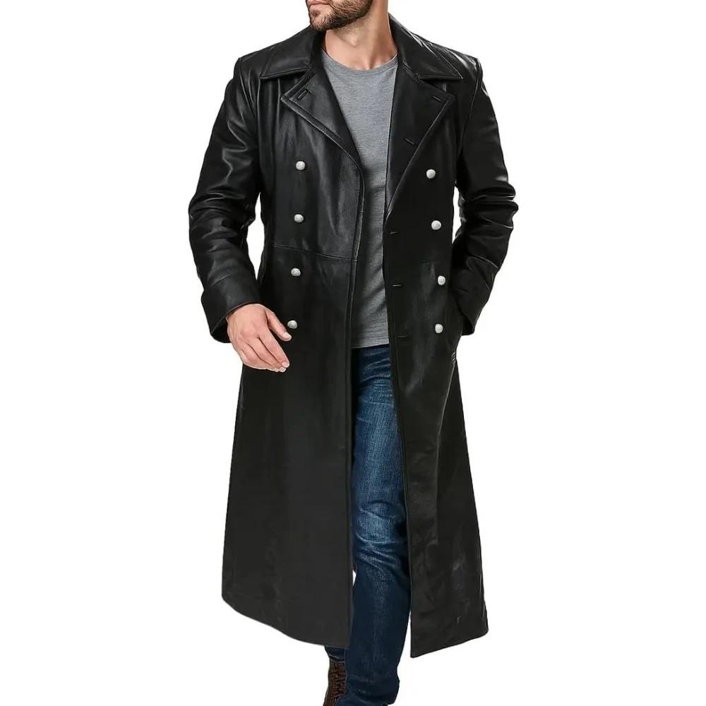 Trench-Coat long en cuir noir pour hommes, marine impériale, U-Boat, sous-marin, capitaine, veste en
