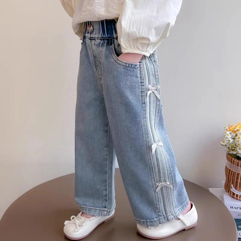 Jeans de printemps pour bébés filles, pantalon en denim à nœud pour enfants, pantalon droit à jambes