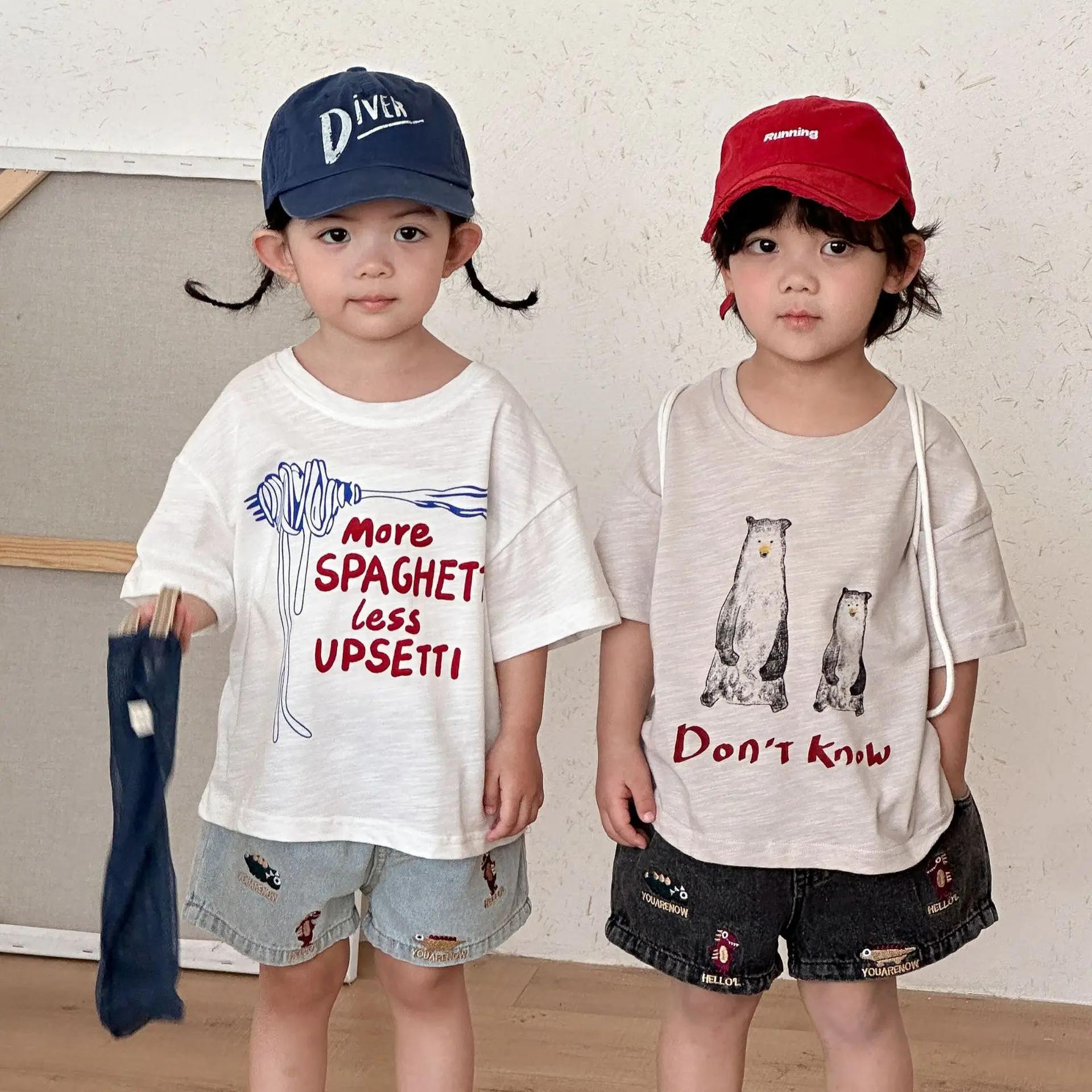 T-shirts à manches mi-longues pour enfants, amples, avec lettres de dessin animé imprimées, hauts po