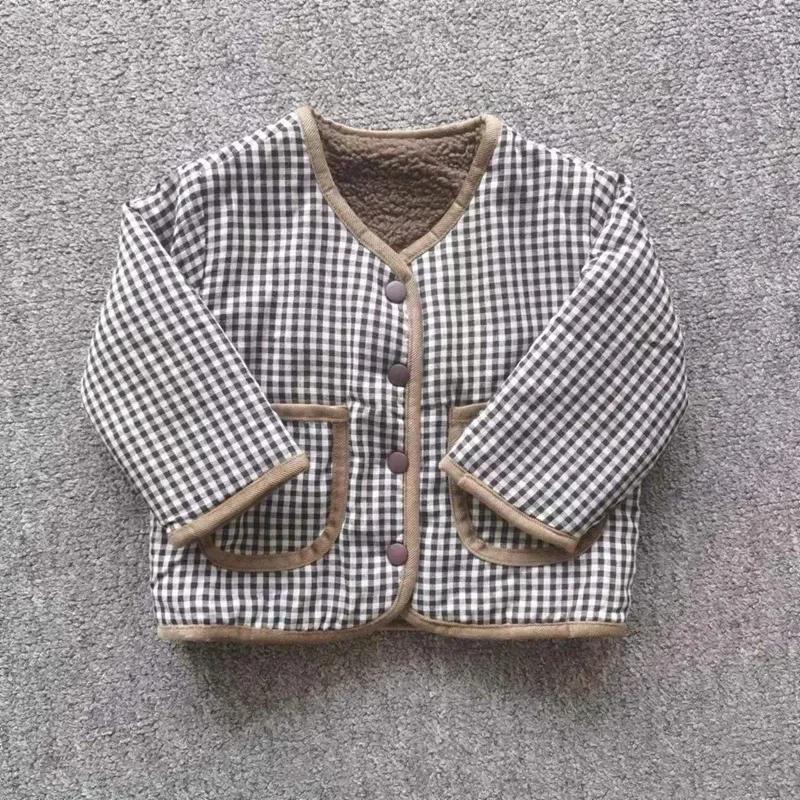 HoneyCherry automne et hiver nouvelle veste chaude enfants deux côtés porter Plaid en peluche veste