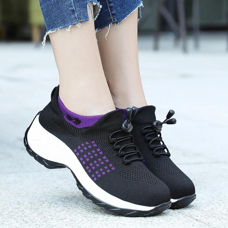 Femmes marche formateurs mode mouche tissage chaussette baskets respirer confort chaussures d'allait