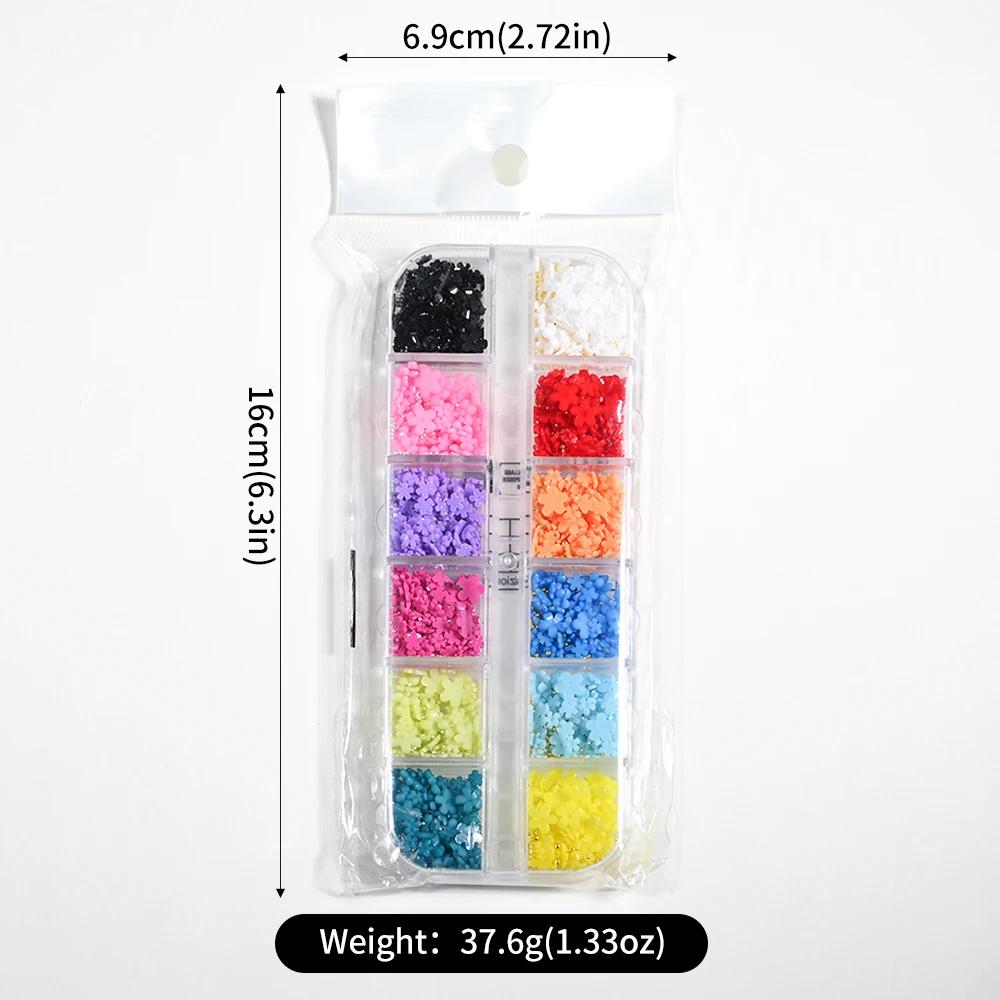 Breloques pour ongles en acrylique 3D, 12 grilles (avec perles en acier), fleurs colorées à cinq pét