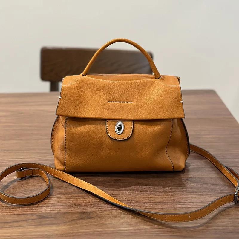 Sac à main femme Johnature 2026 Automne Nouveau, fait main, rétro, en cuir véritable, polyvalent, en