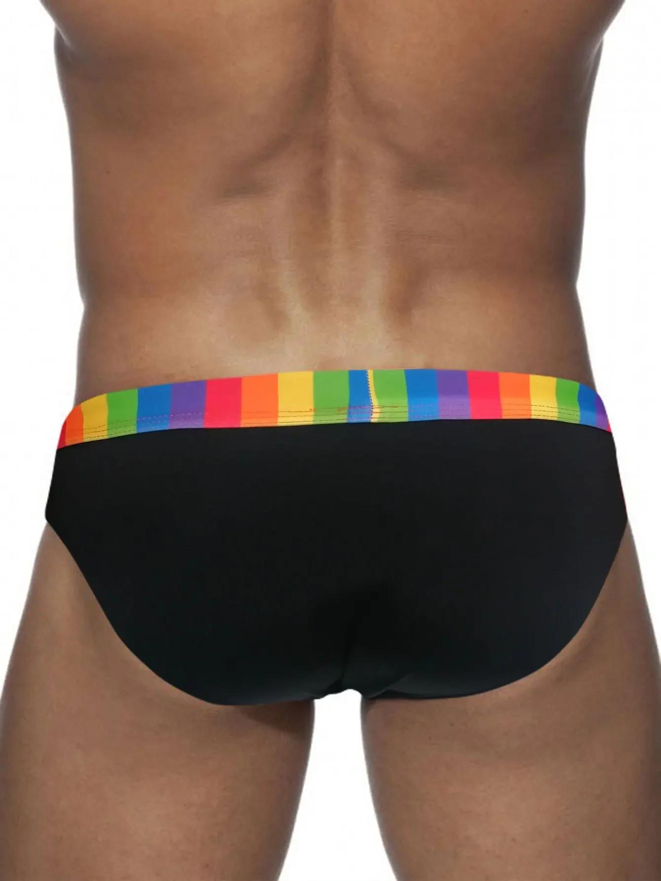 Maillot de bain à rayures arc-en-ciel pour homme, slip de bain sexy, poudres de contour, bikini, sho