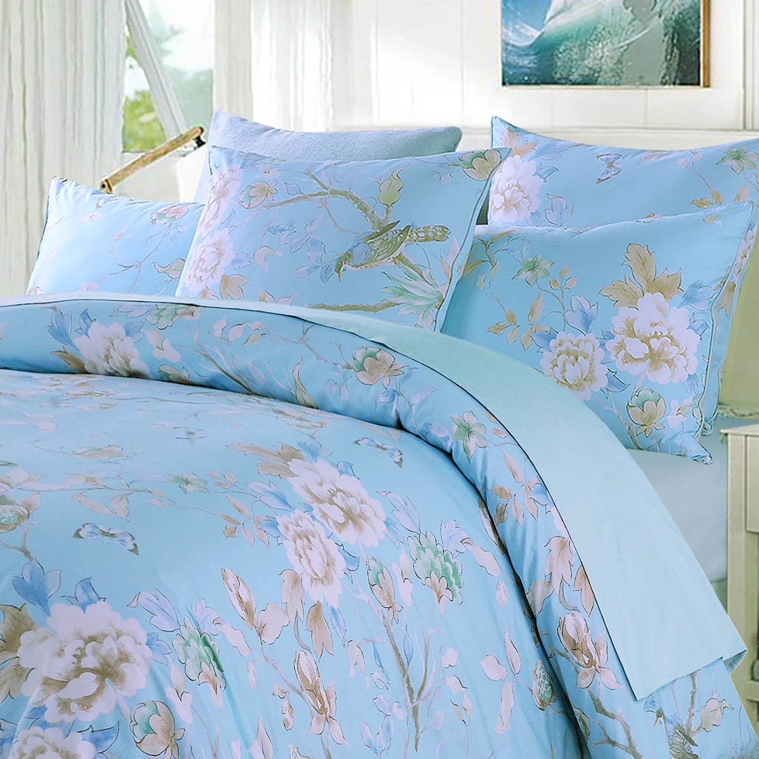 Ensemble de housse de couette 3 pièces 600TC 100% coton égyptien, Vintage bleu clair oiseau aquarell