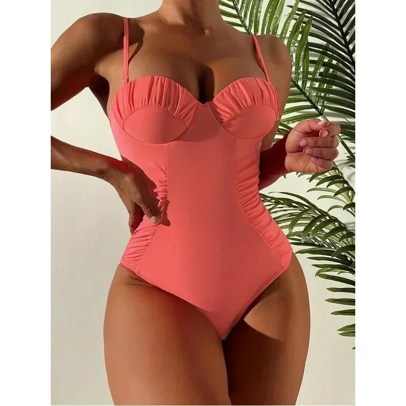 Maillot de bain une pièce sexy push-up plissé uni pour femme 2026 – Nouvelle collection Maio Feminin