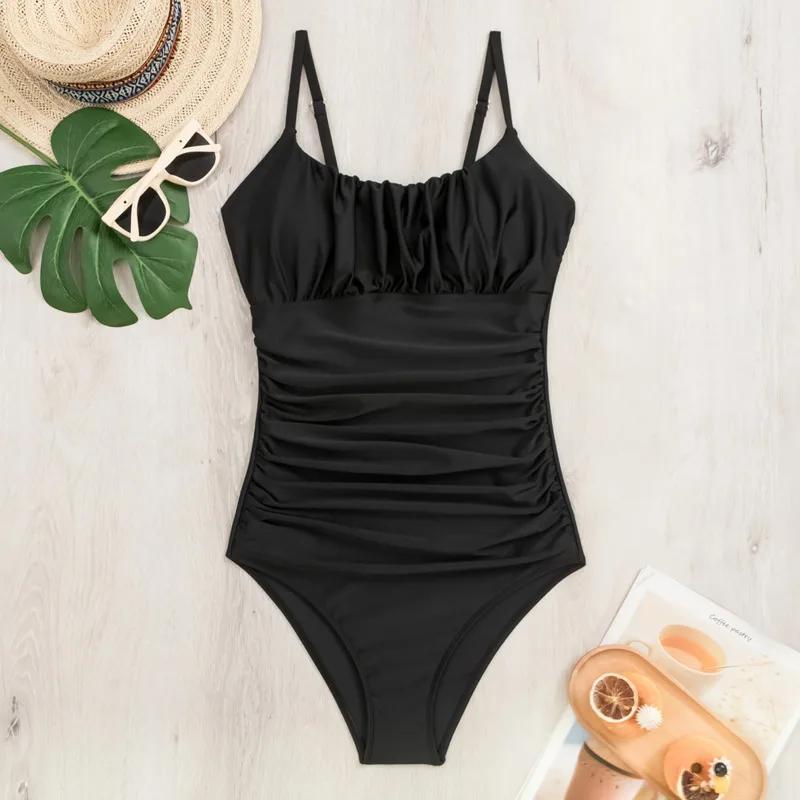 Maillot de bain une pièce noir sexy push-up femme - Fermé ventre couvrant body plage piscine