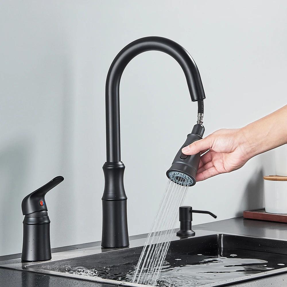 Robinet d'évier de cuisine, robinets de cuisine à 3 trous avec pulvérisateur extractible, robinets d