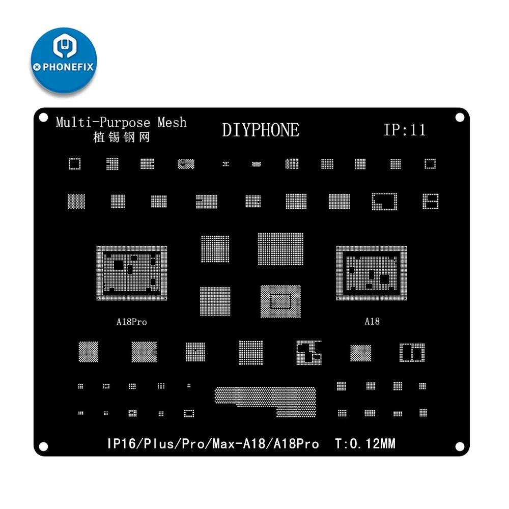 Kit de pochoirs de reballage DIYPHONE BGA pour iPhone 17 16 15 14 13 13mini 11 12 Pro Max, filet à s