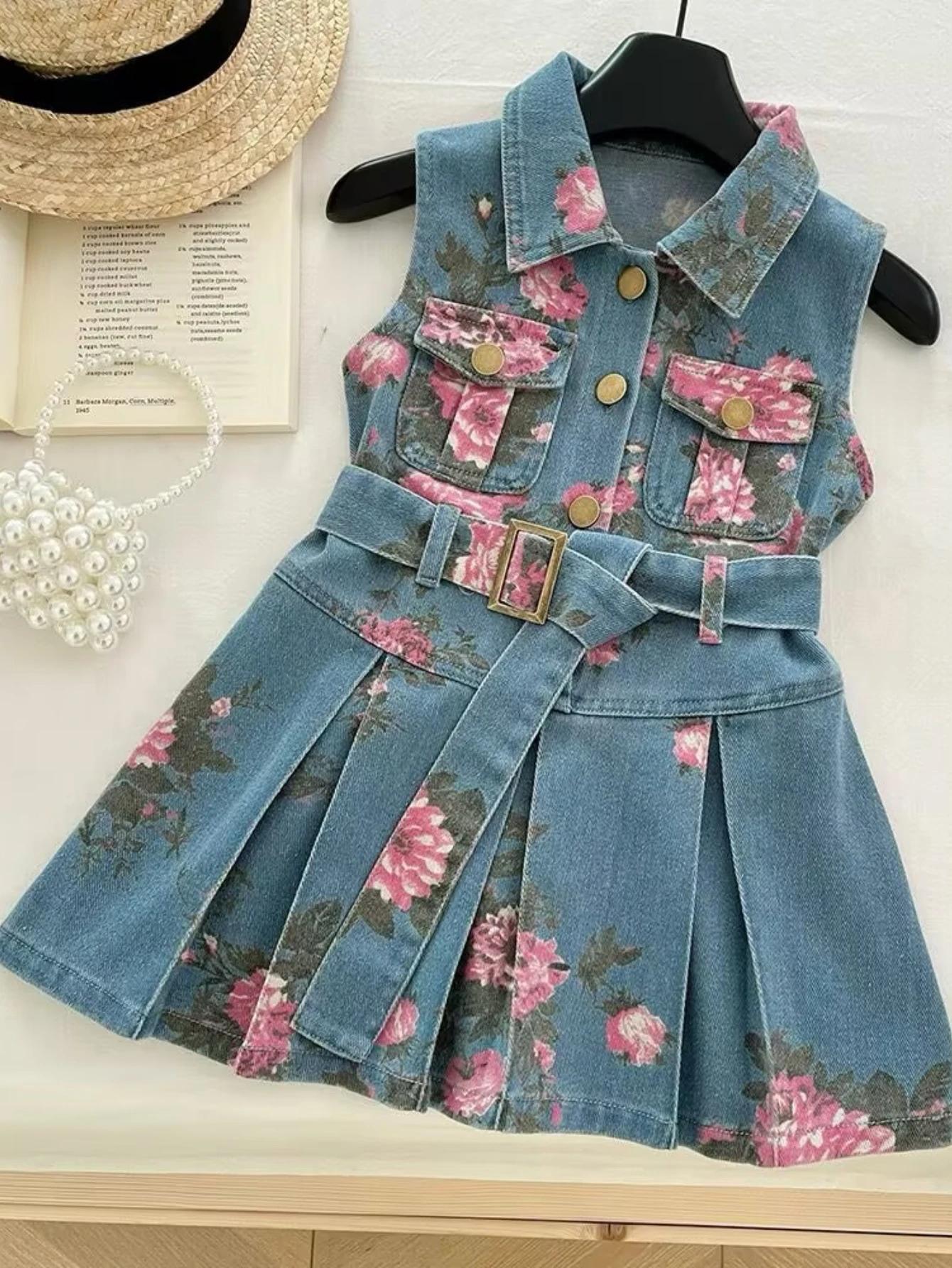 Robe d'été en jean pour filles – Col à imprimé floral et jupe trapèze ceinturée, robe de princesse d