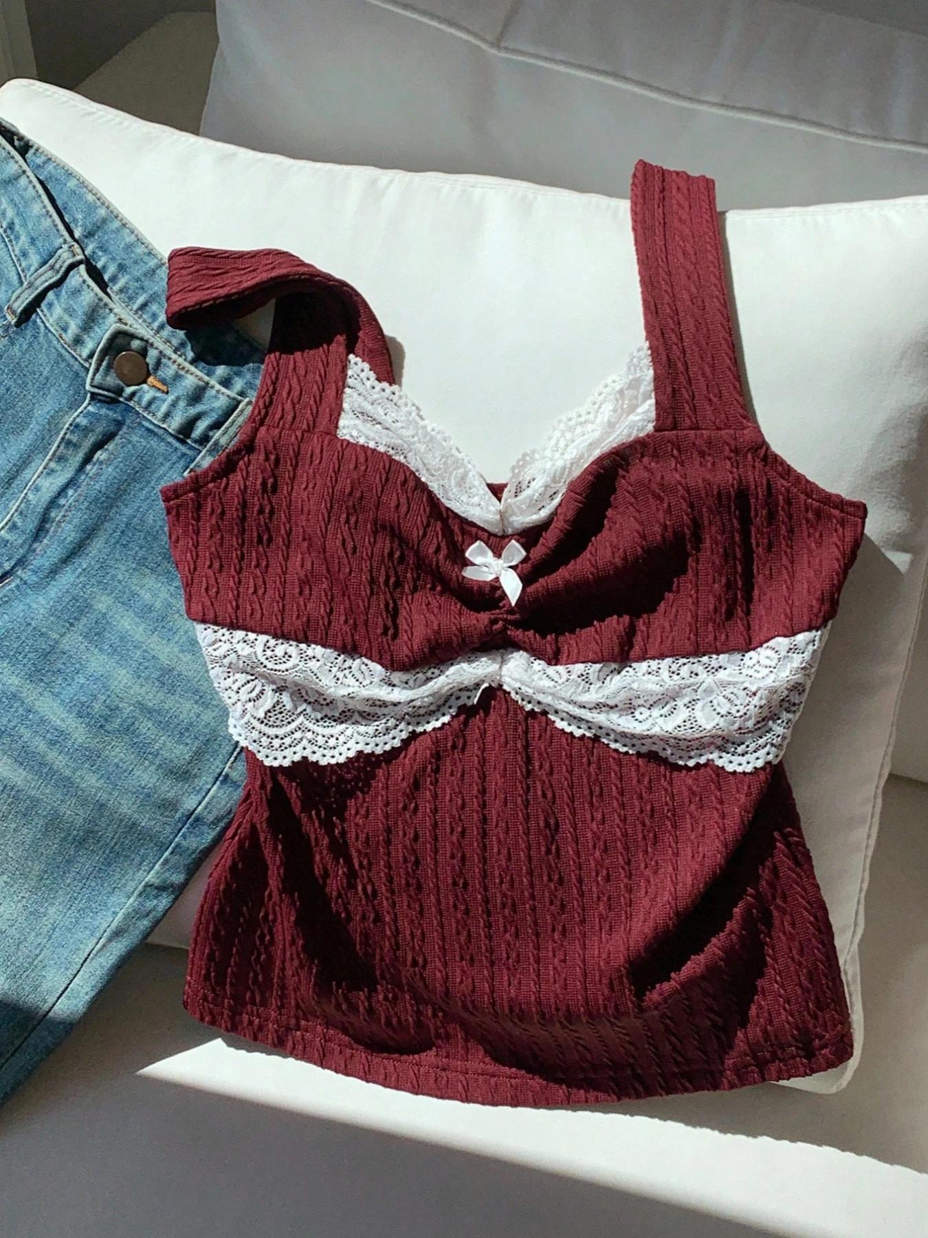 Nouveau débardeur femme Y2K tendance été avec dentelle et nœud décoratif, style pur et séduisant
