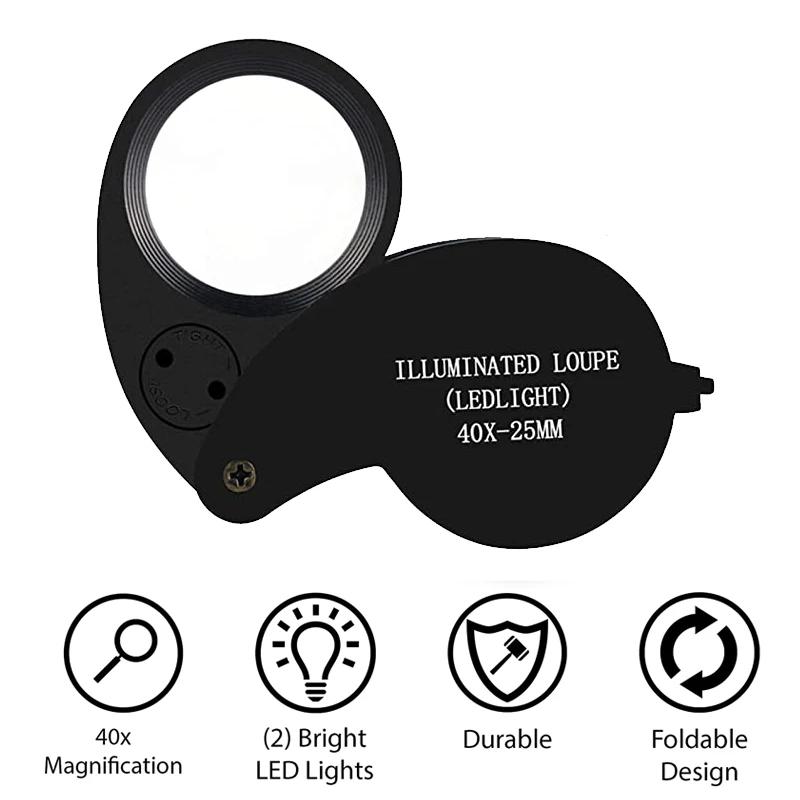 Loupe de bijoutier pliante de poche 40X, Loupe avec lumière pour montre, pièces de monnaie, timbres,