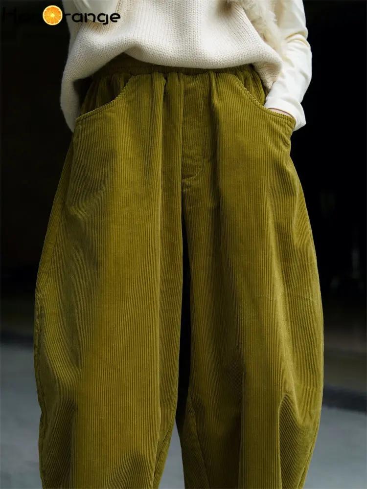 HanOrange-Pantalon large en velours côtelé pour femme, périphérie paresseuse, taille élastique, déco