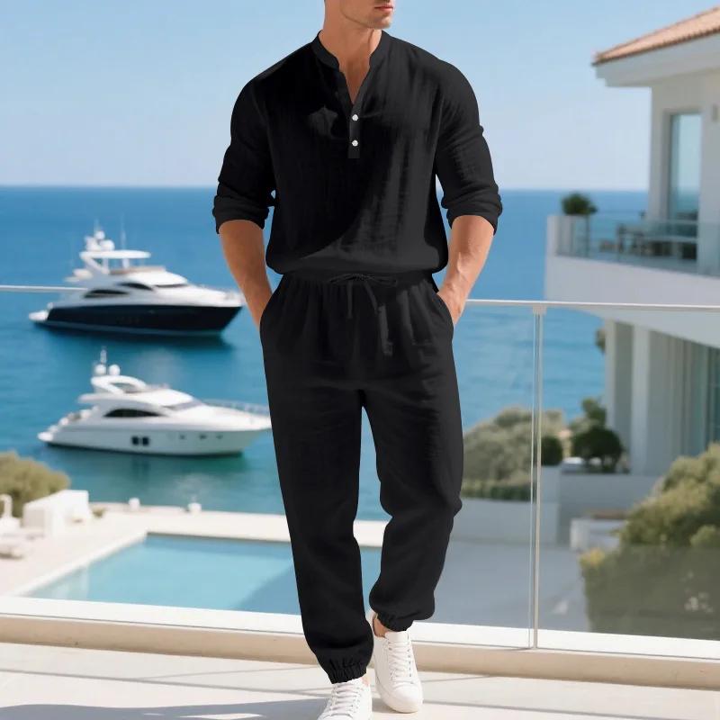 Ensemble américain en lin ample pour hommes, chemise hawaïenne fine Henry, pantalon à manches longue