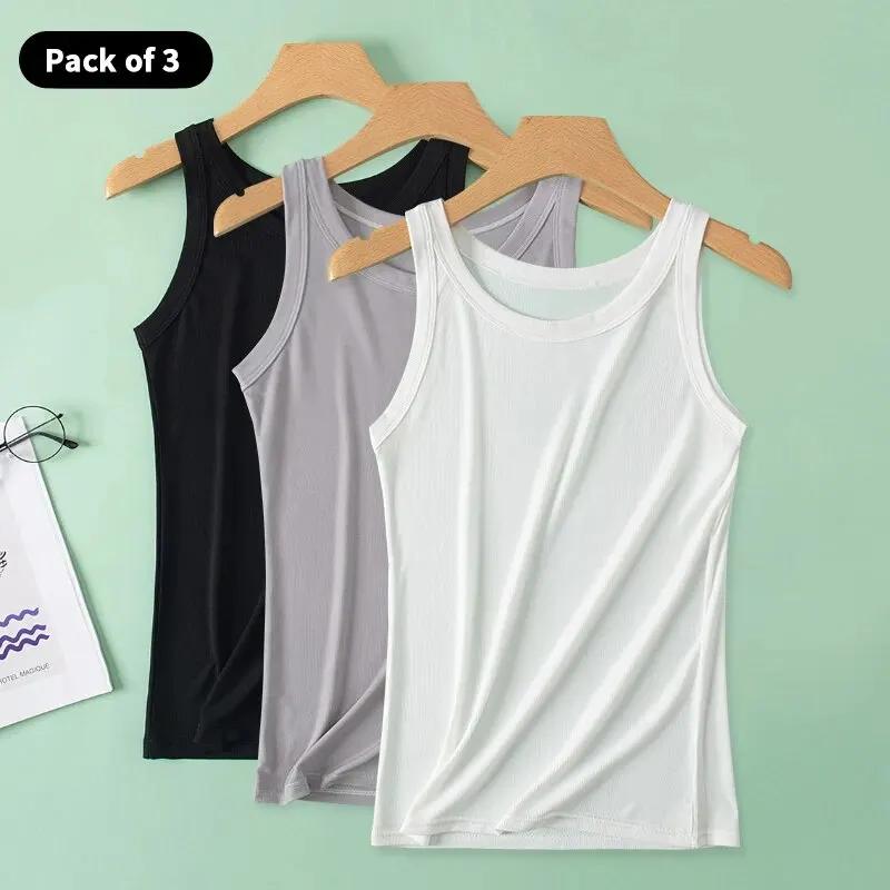 Gilet de couleur unie pour femmes, 3 pièces, mode Joker, Camisole filetée pour jeune femme